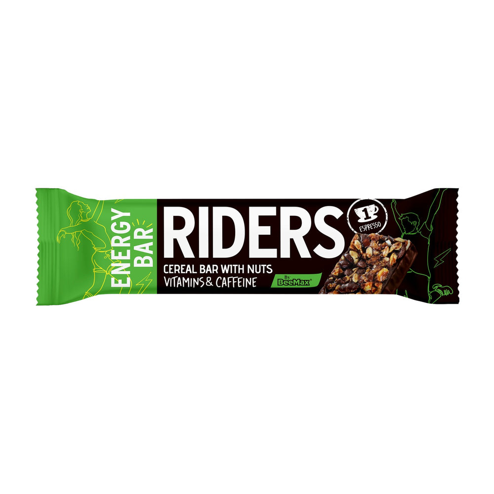Riders energy bar packaging with green and black design on a white background