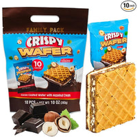 Crispy wafer packaging with a family pack and individual wafer showing chocolate and hazelnut cream.