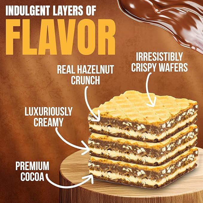 Layered dessert with hazelnut crunch, crispy wafers, and creamy filling on a wooden board.