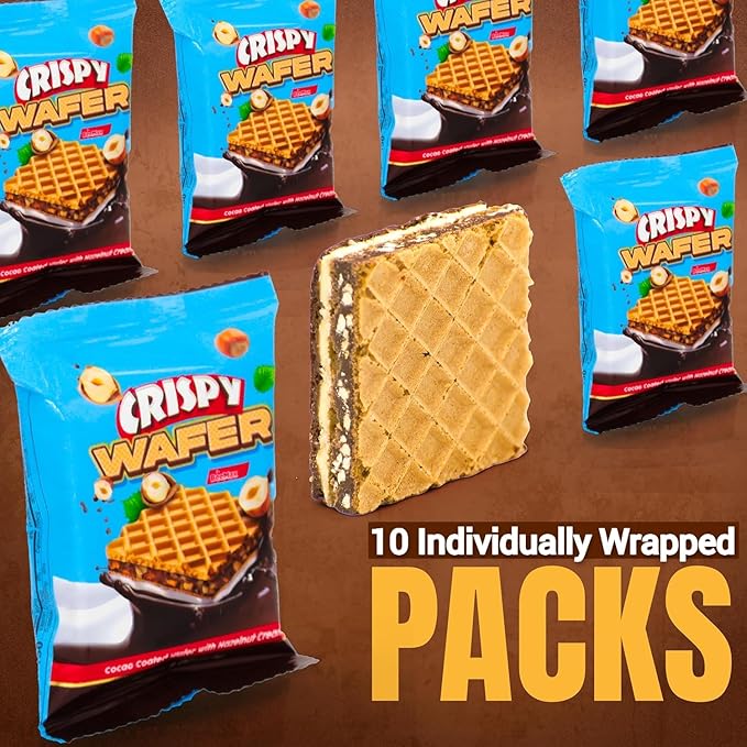 Crispy wafer packages with a single wafer on a brown background, featuring text '10 Individually Wrapped Packs'.