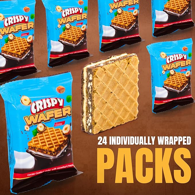 Crispy wafer packages with a single wafer showing on a brown background