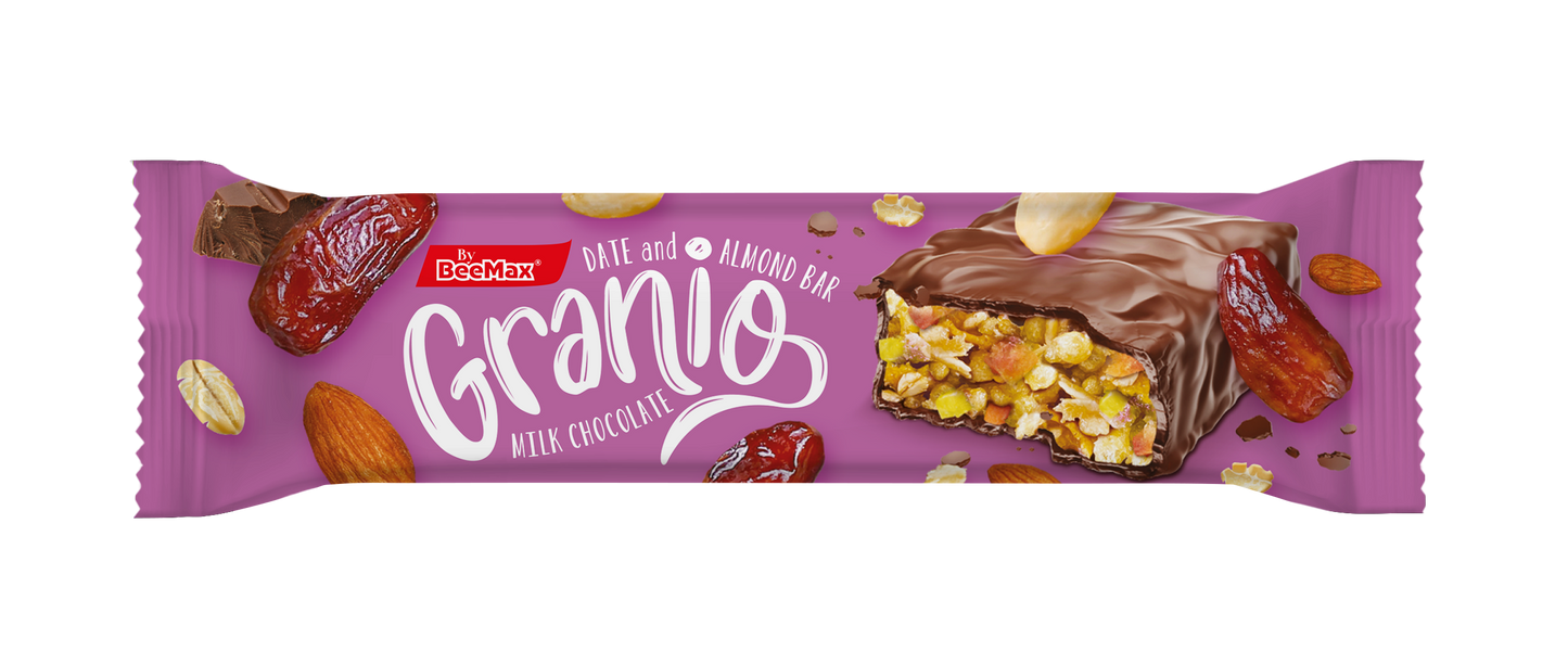 Granio Date and Almond Bar packaging with chocolate, nuts, dates