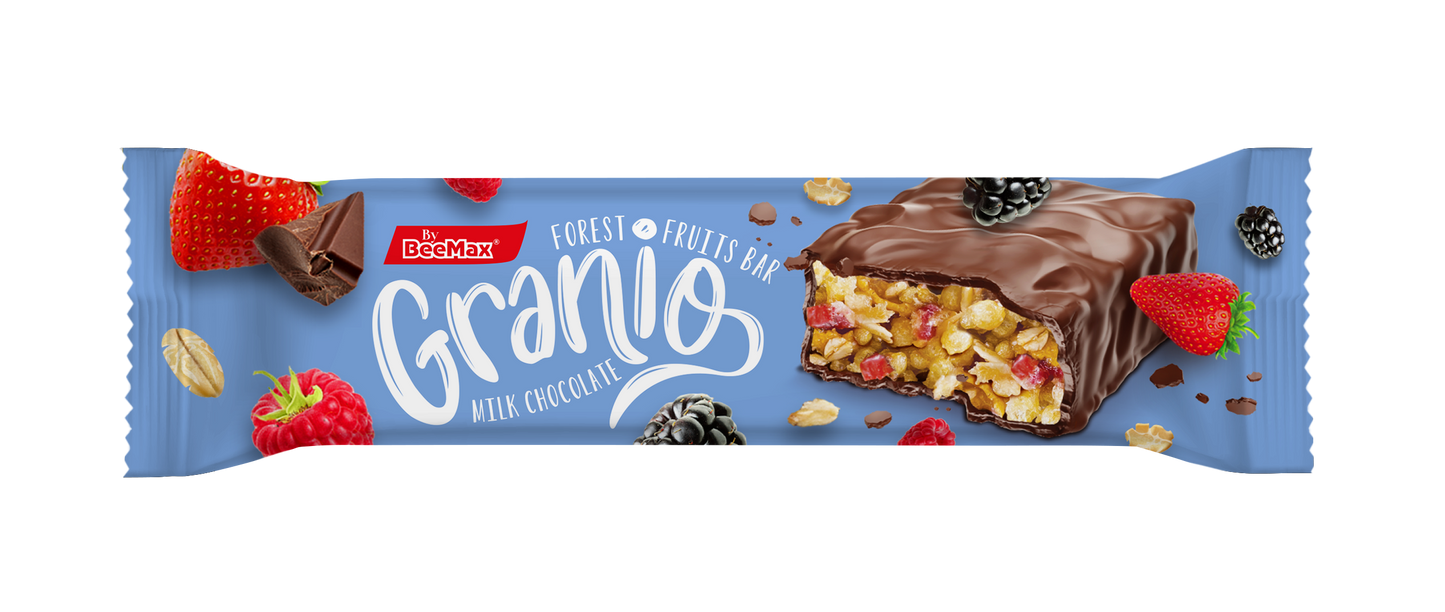 Granio bar with chocolate coating on a blue packaging background