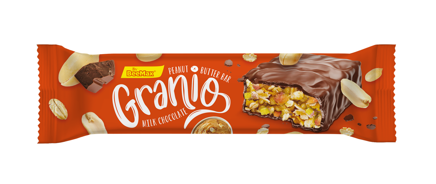 Granio peanut butter bar packaging with chocolate coating on a white background