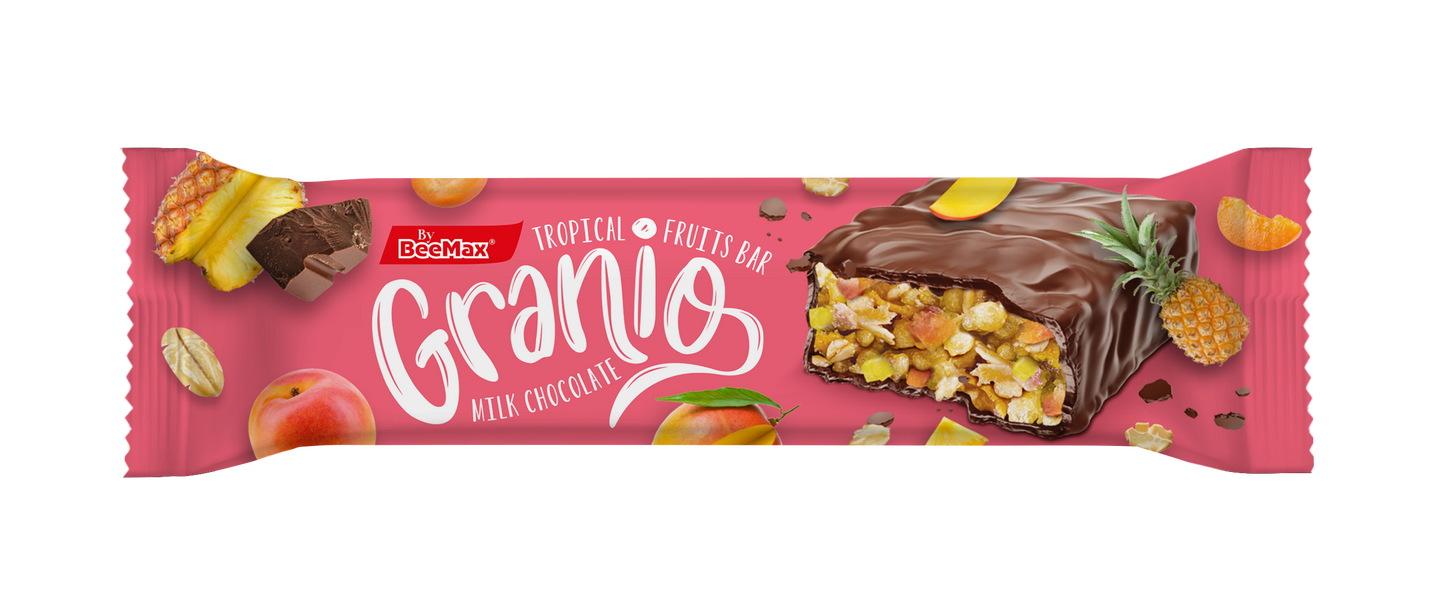 Pink Granio bar packaging with chocolate and fruit toppings on a white background