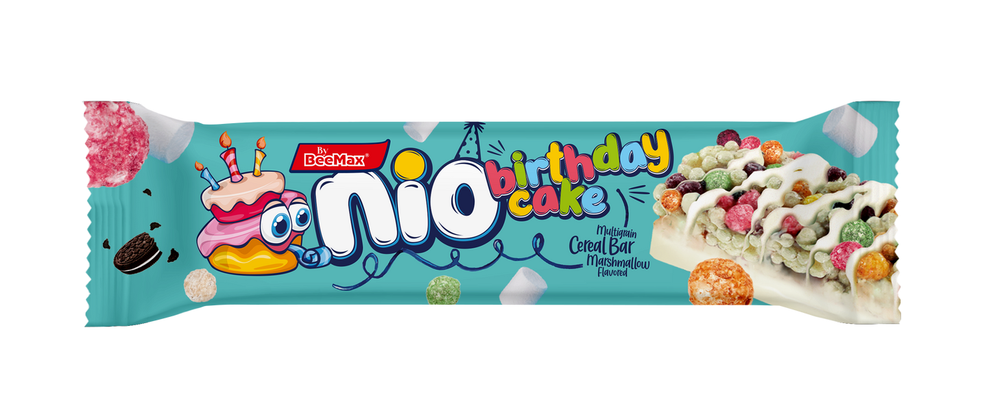 Candy bar packaging with 'nio' branding and birthday cake design on a blue background