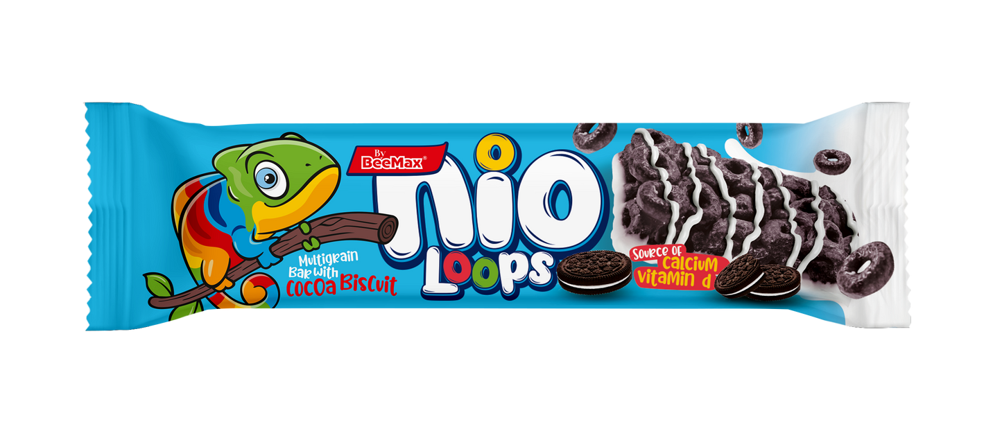 Packaged snack with colorful character and 'Nio Loops' branding on a white background