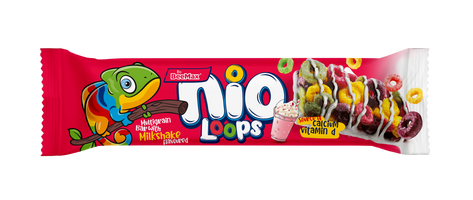 Nio Loops candy bar packaging with colorful design on a white background