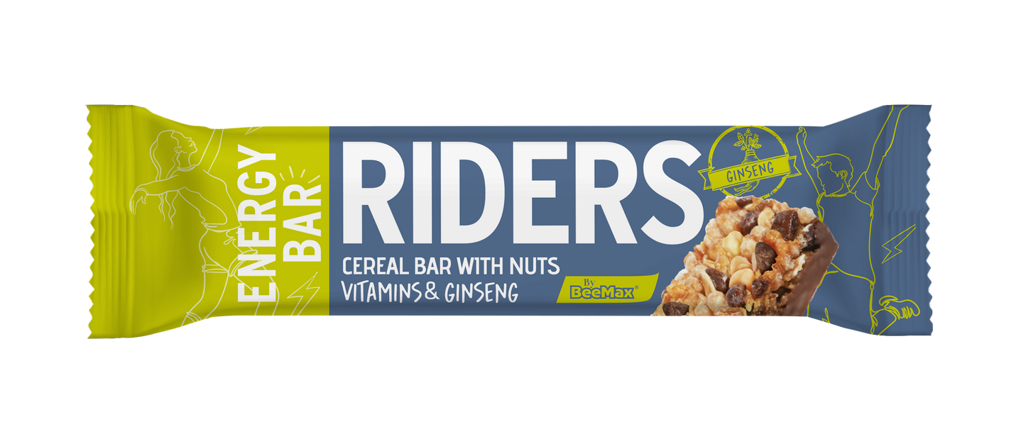 Riders energy bar packaging with a white background