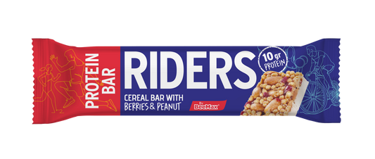 Protein bar package with 'Riders' branding on a white background
