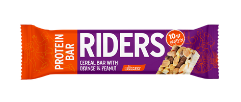 Protein bar package with 'Riders' branding on a white background
