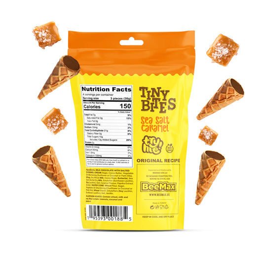 Packaging of Tiny Bites Sea Salt Caramel with waffle cones on a white background