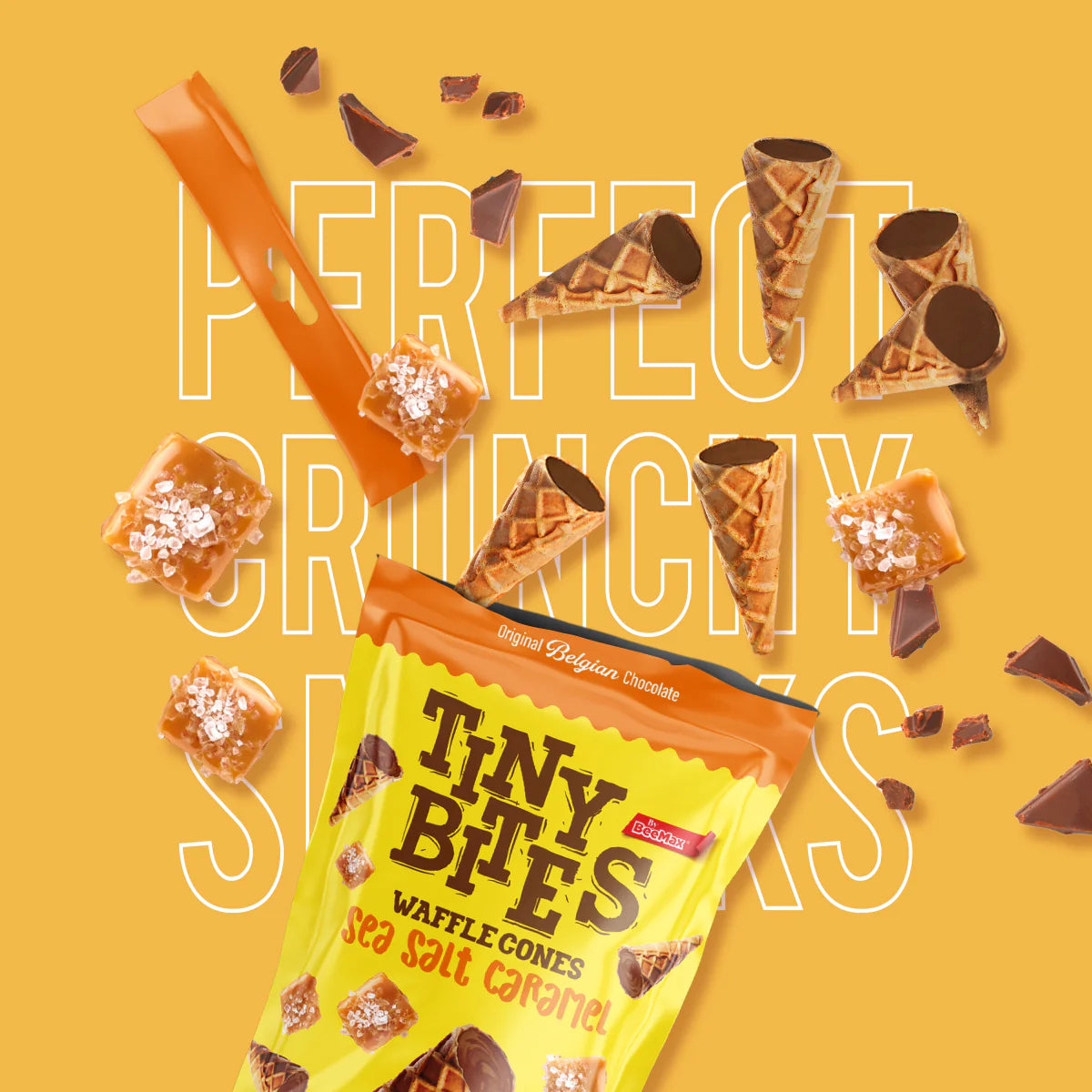 Packaging of Tiny Bites Waffle Cones with text on a yellow background
