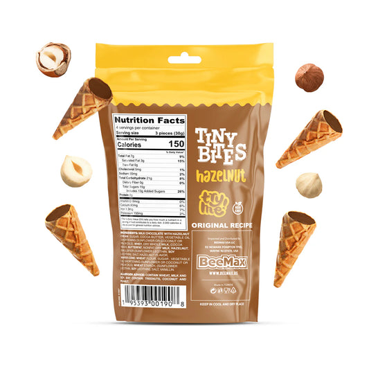 Packaging of Tiny Bites hazelnut snacks with waffle cones and nutrition facts label.