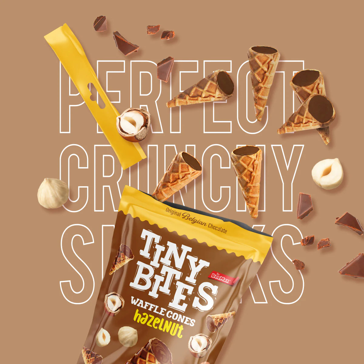 Packaging of Tiny Bites waffle cones with hazelnut flavor on a brown background.