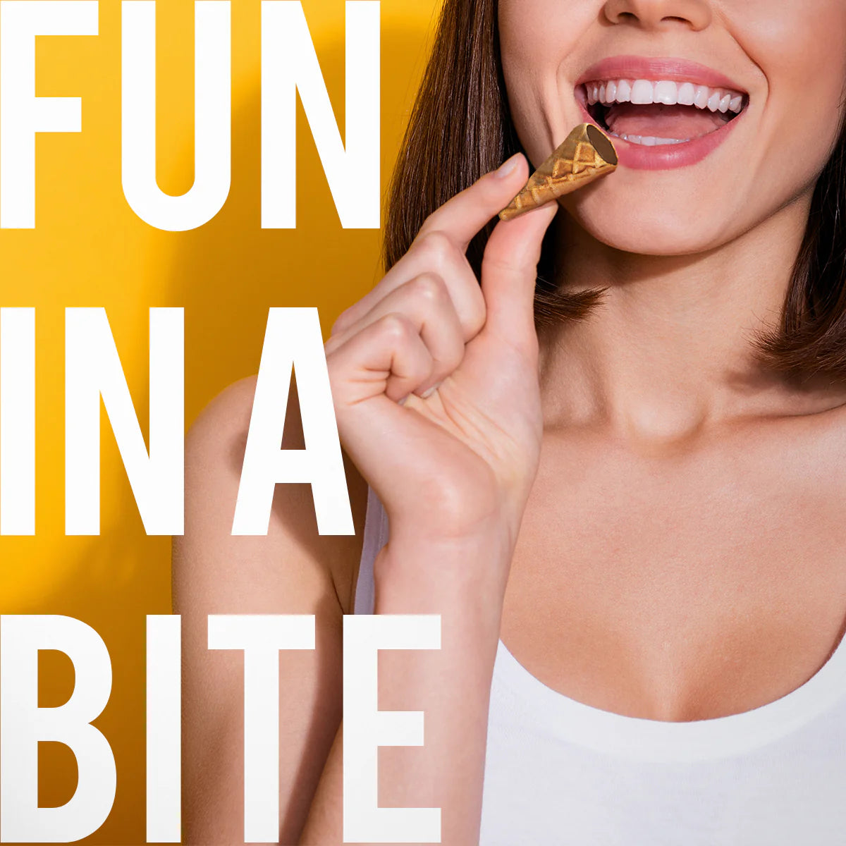 Woman eating a chocolate bar with 'FUN IN A BITE' text on a yellow background