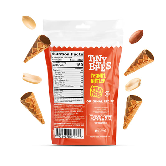 Packaging of Tiny Bites Peanut Butter snacks with waffle cones around on a white background