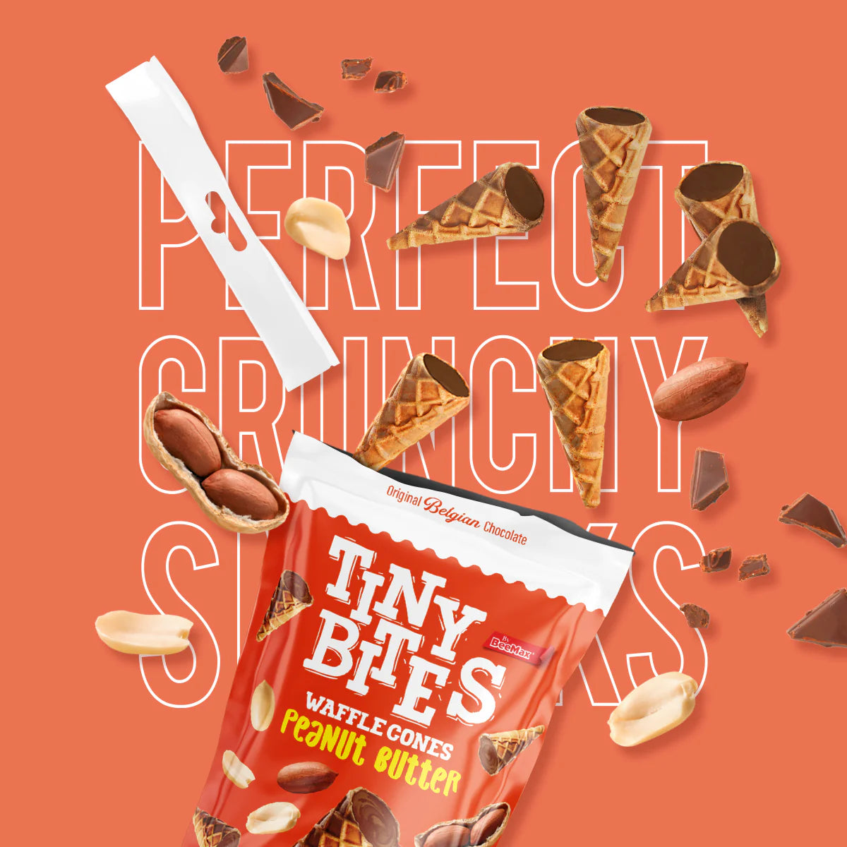 Packaging of Tiny Bites Waffle Cones Peanut Butter with waffle cones and peanuts on an orange background.