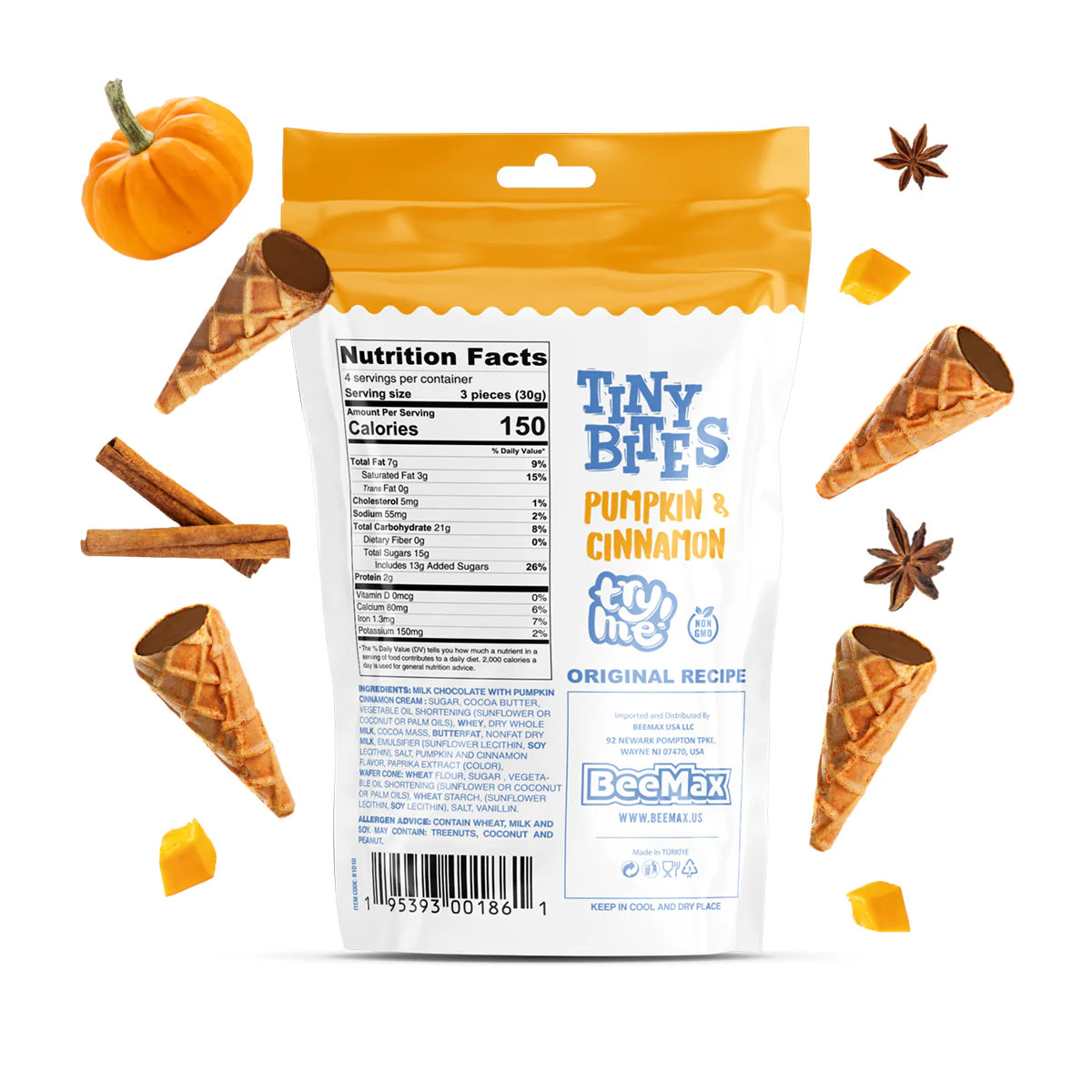 Packaging of Tiny Bites Pumpkin & Cinnamon flavored treats with waffle cones and spices on a white background.