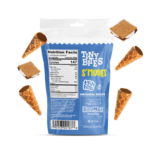 Packaging of Tiny Bites S'mores with waffle cones on a white background