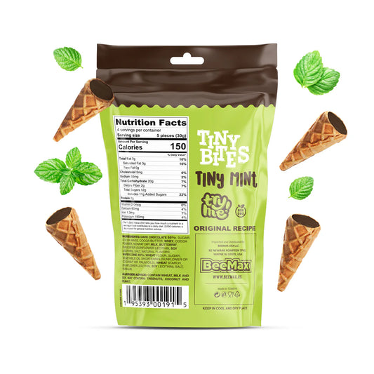 Packaging of Tiny Bites Tiny Mint with waffle cones and mint leaves on a white background