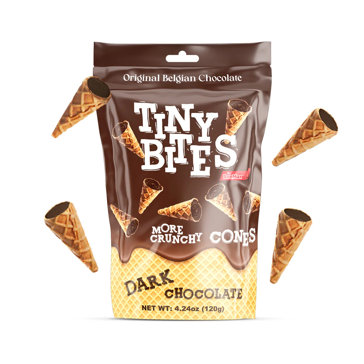 Packaging of Tiny Bites Dark Chocolate Crunchy Cones with product placement on a white background