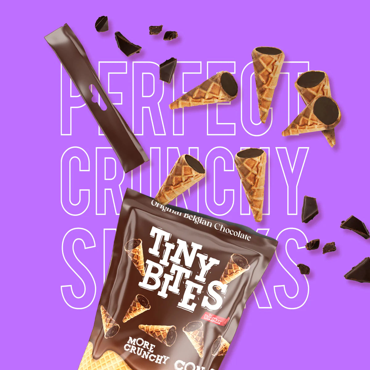 Packaging of Tiny Bites chocolate cones with a purple background and text.