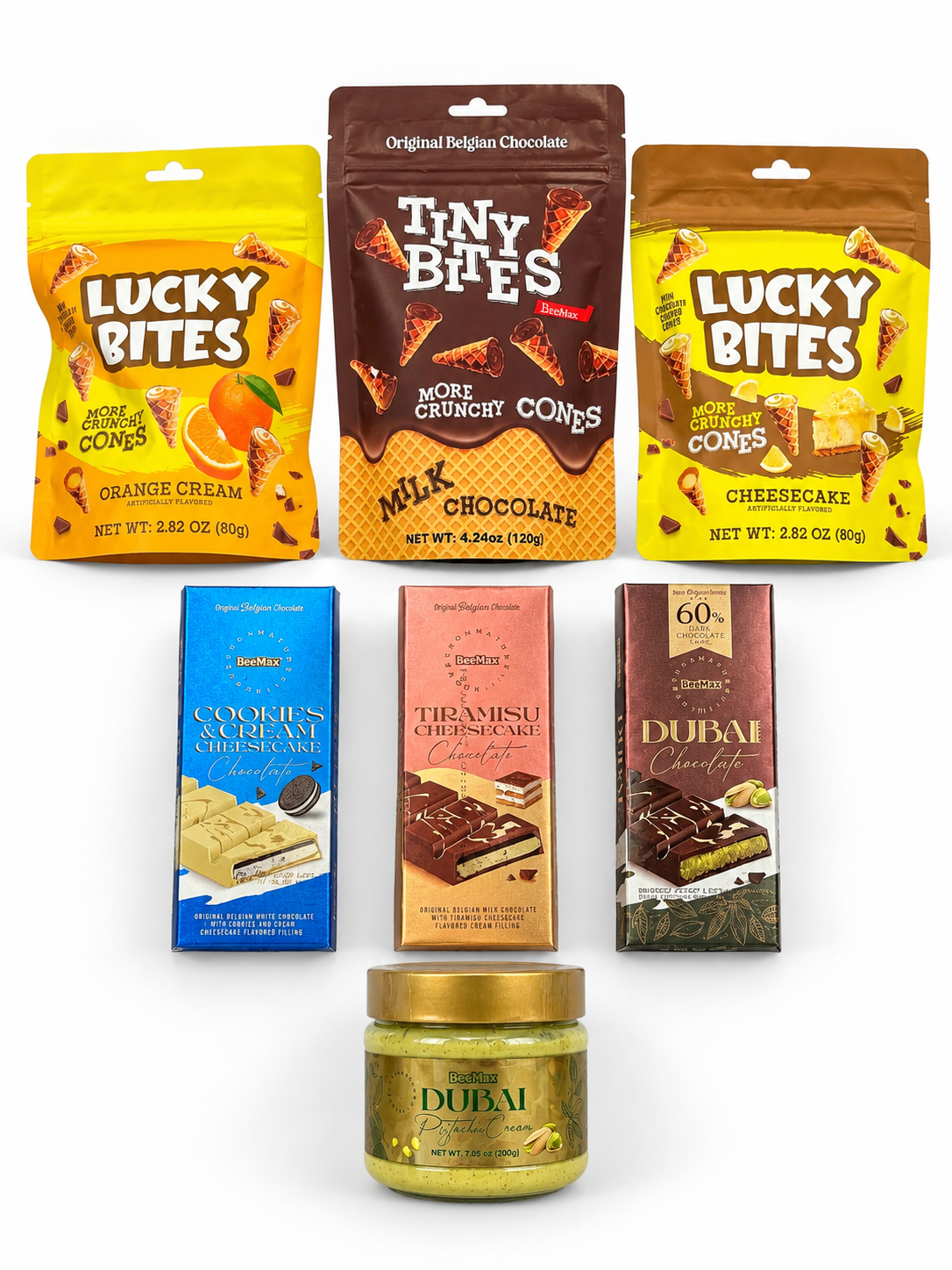 BeeMax Cheesecake & Dubai Chocolate Variety Pack (7 Items): everything in the box