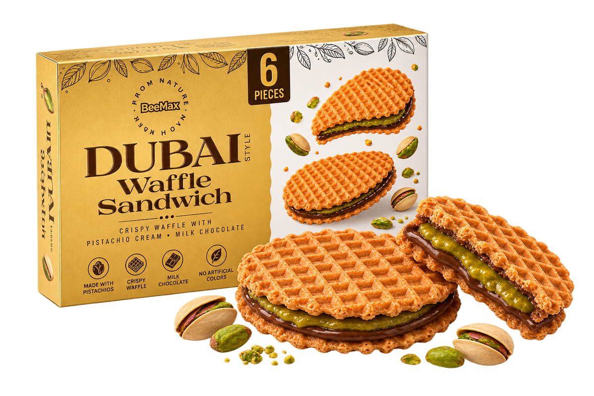 BeeMax Dubai Style Waffle Sandwich 5.3 oz box with pistachio cream and milk chocolate waffles