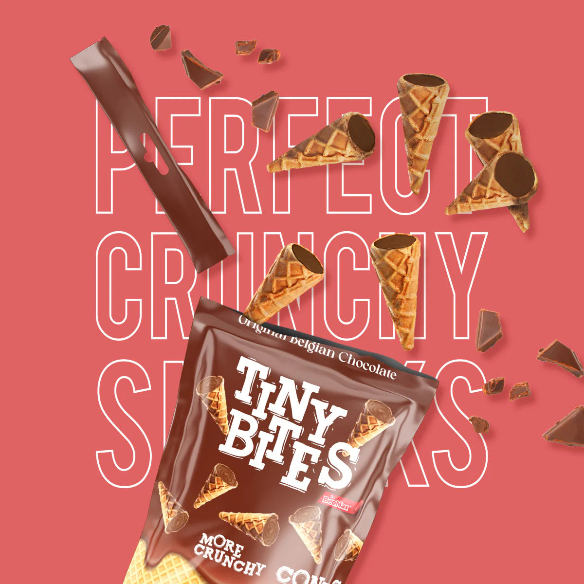 Chocolate packaging with 'Tiny Bites' on a pink background with text about crunchy snacks.
