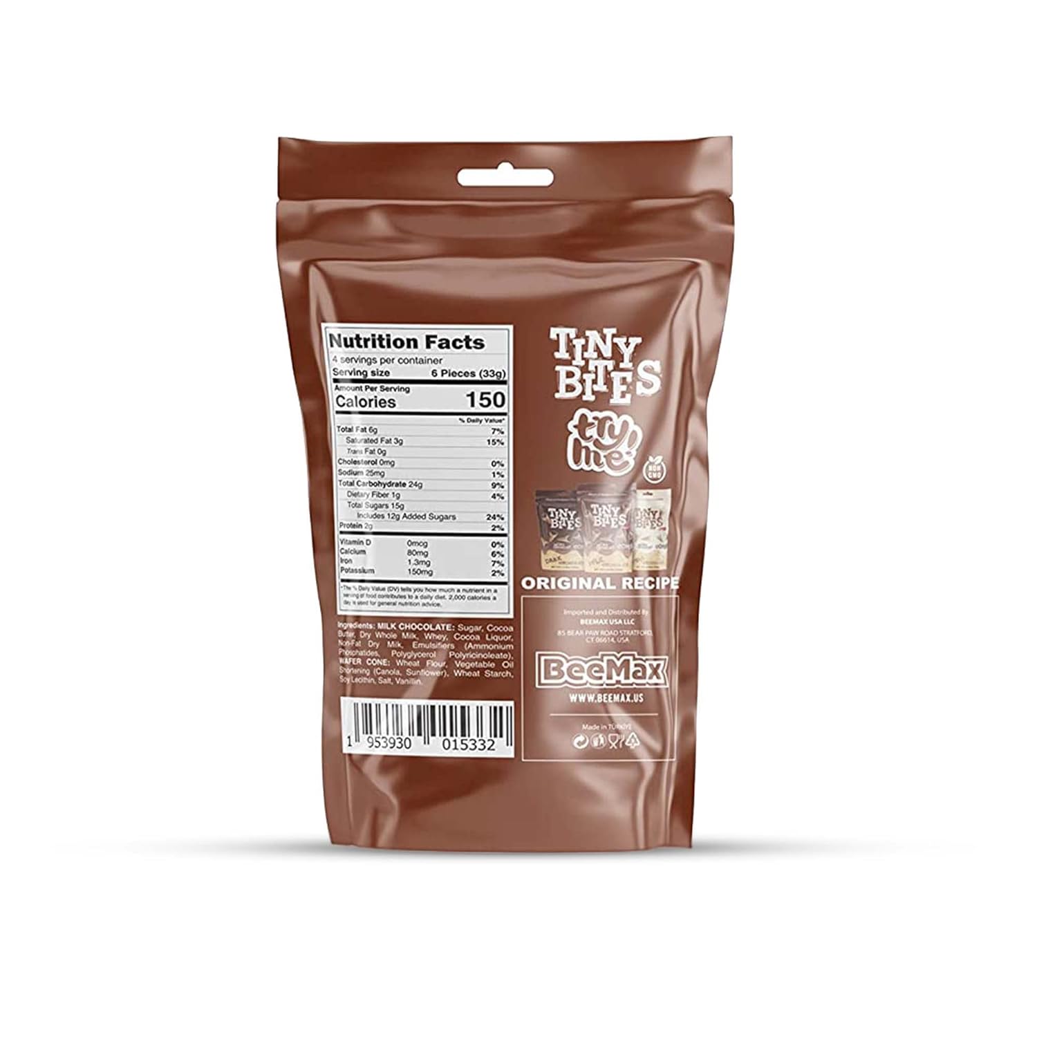 Brown package of Tiny Bites with nutrition facts label on a white background