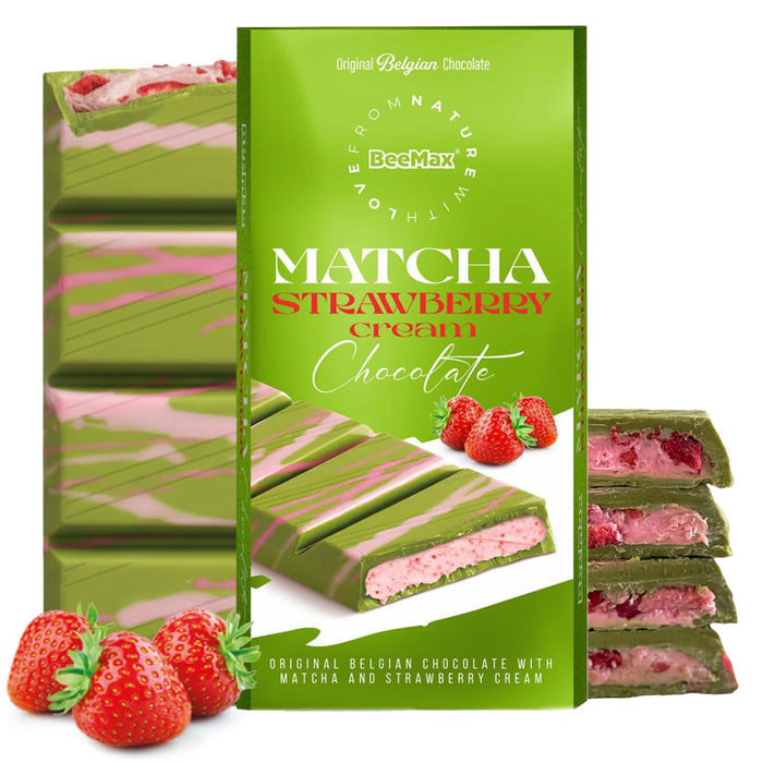 Matcha Strawberry Cream Chocolate Bar, Made with Original Belgian, Ideal for Gift or Special Occasions, 7 oz