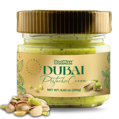 Included in the Cheesecake & Dubai Chocolate Variety Pack (7 Items): BeeMax Dubai Pistachio Cream Spread, 8.82 oz (250 g) jar
