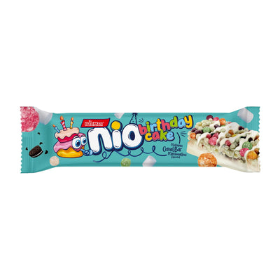 Candy bar packaging with 'nio' branding and birthday cake design on a blue background