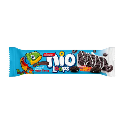 Packaged snack with colorful character and 'Nio Loops' branding on a white background