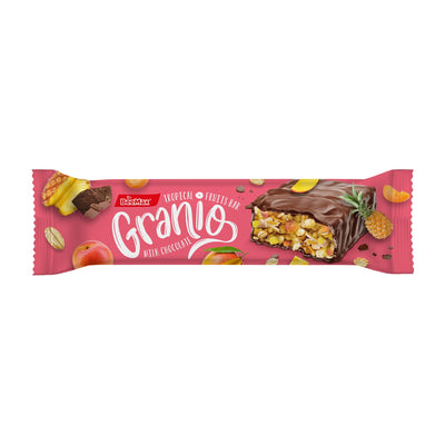 Pink Granio bar packaging with chocolate and fruit toppings on a white background