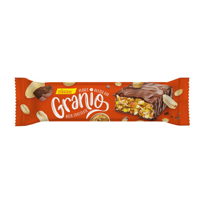 Granio peanut butter bar packaging with chocolate coating on a white background