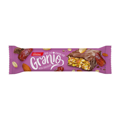 Granio Date and Almond Bar packaging with chocolate, nuts, dates