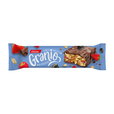 Granio bar with chocolate coating on a blue packaging background