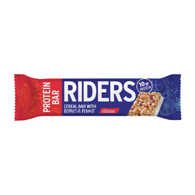 Protein bar package with 'Riders' branding on a white background