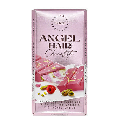 Packaging of Angel Hair dubai chocolate with raspberry, cotton candy, and pistachio cream on a white background.