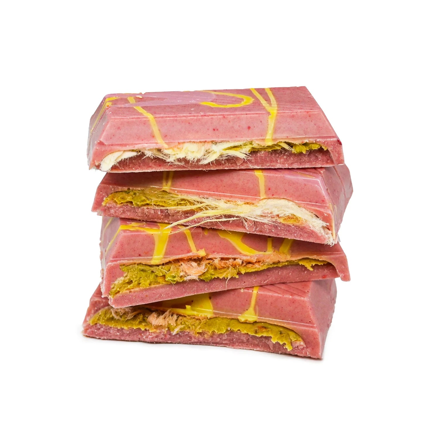 Stack of layered pink dubai chocolate