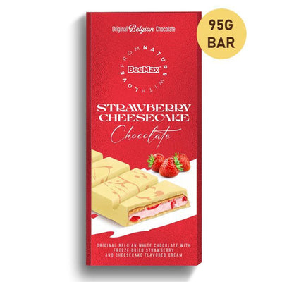 Included in the Tiny Bites, Ube & Cheesecake Chocolate Variety Box (10 Items): BeeMax Strawberry Cheesecake Bar, White Chocolate, 3.36 oz (95 g)