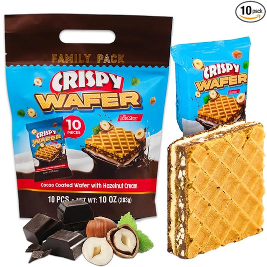 Crispy wafer packaging with a family pack and individual wafer showing chocolate and hazelnut cream.