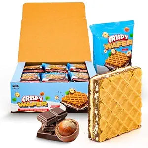 Box of Crispy Wafers with a single wafer and chocolate on a white background
