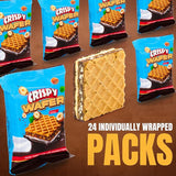 Crispy wafer packages with a single wafer showing on a brown background