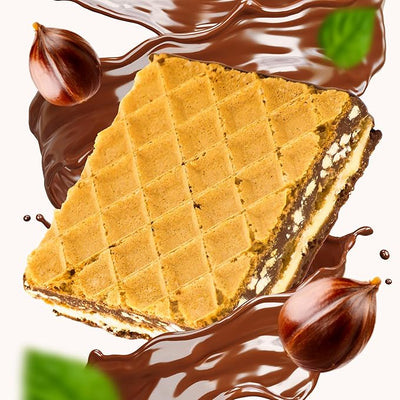 Wafers with chocolate filling and hazelnut on a white background