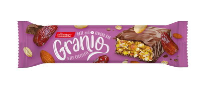 Granio Date and Almond Bar packaging with chocolate, nuts, dates