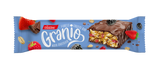 Granio bar with chocolate coating on a blue packaging background