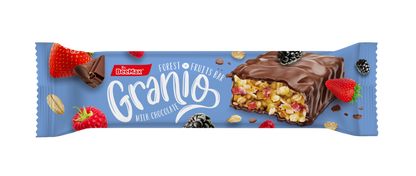 Granio bar with chocolate coating on a blue packaging background